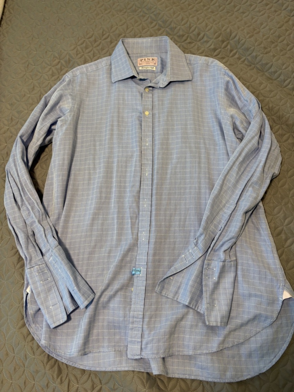 Thomas Pink Men's Blue Dress Shirt Herringbone Twill French Cuff 17.5